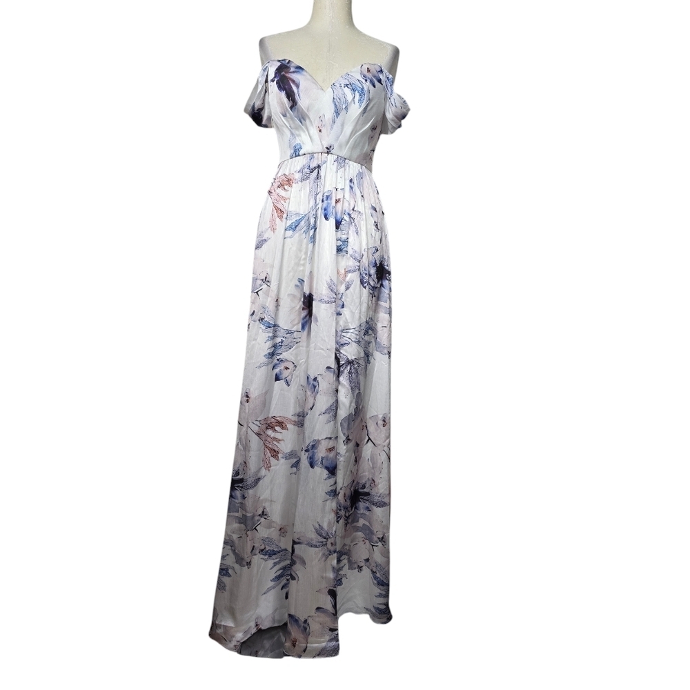 NWOT Bariano Shelley Floral Off-Shoulder Maxi Slit White Blue Dress XS